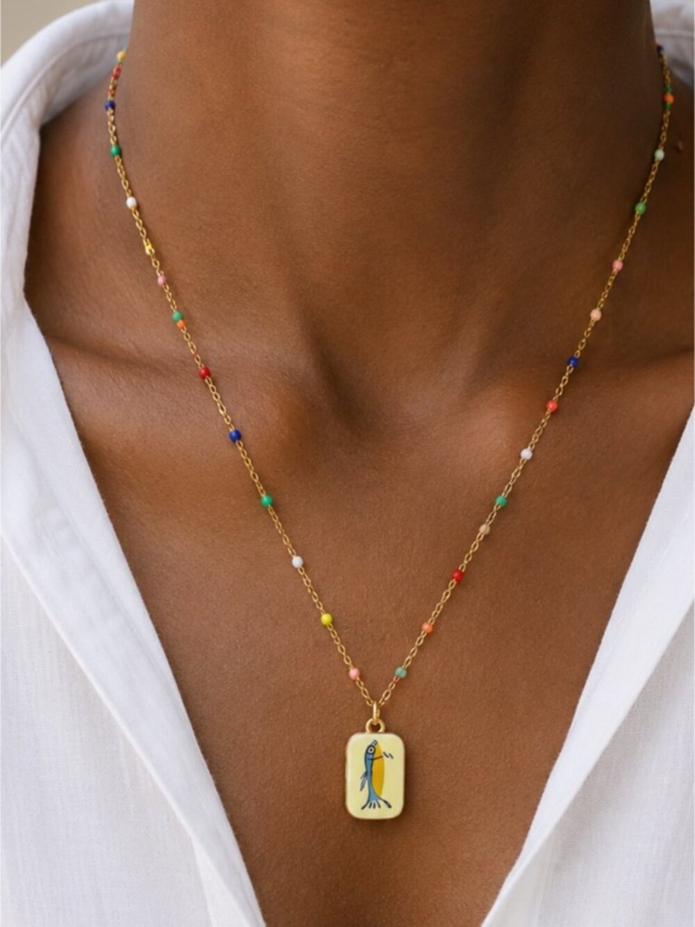 New! Coastal Colorful Beaded Chain Tarot Fish Card Necklace NWOT 5034